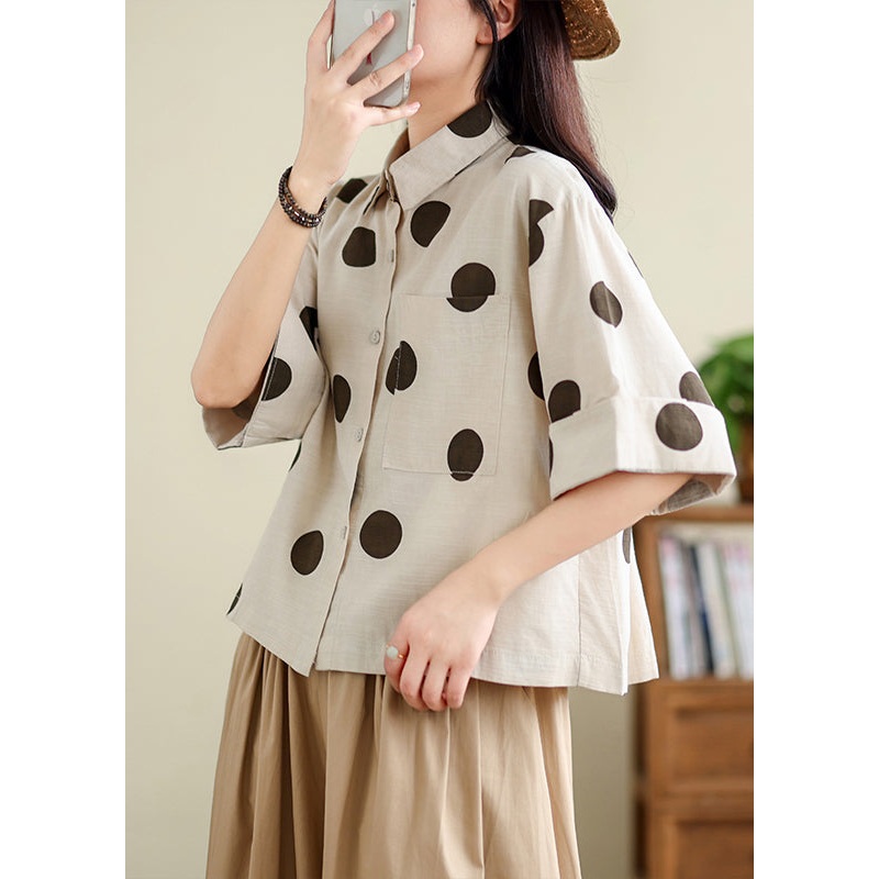 Unique Khaki Oversized Dot Cotton Shirts Half Sleeve TM036