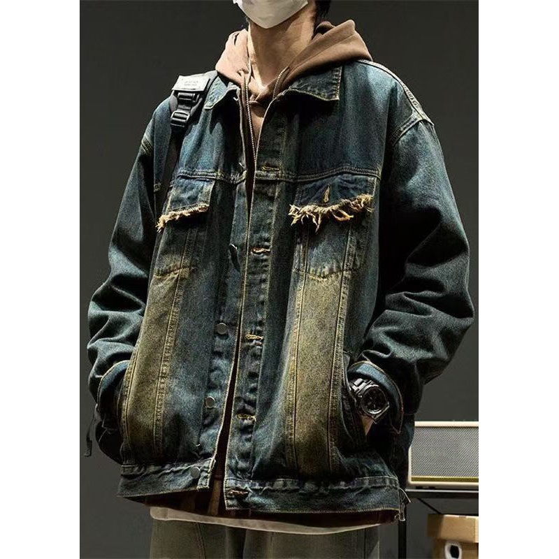 Vintage Denim Blue Peter Pan Collar Button Pockets Mens Coats Spring TC040