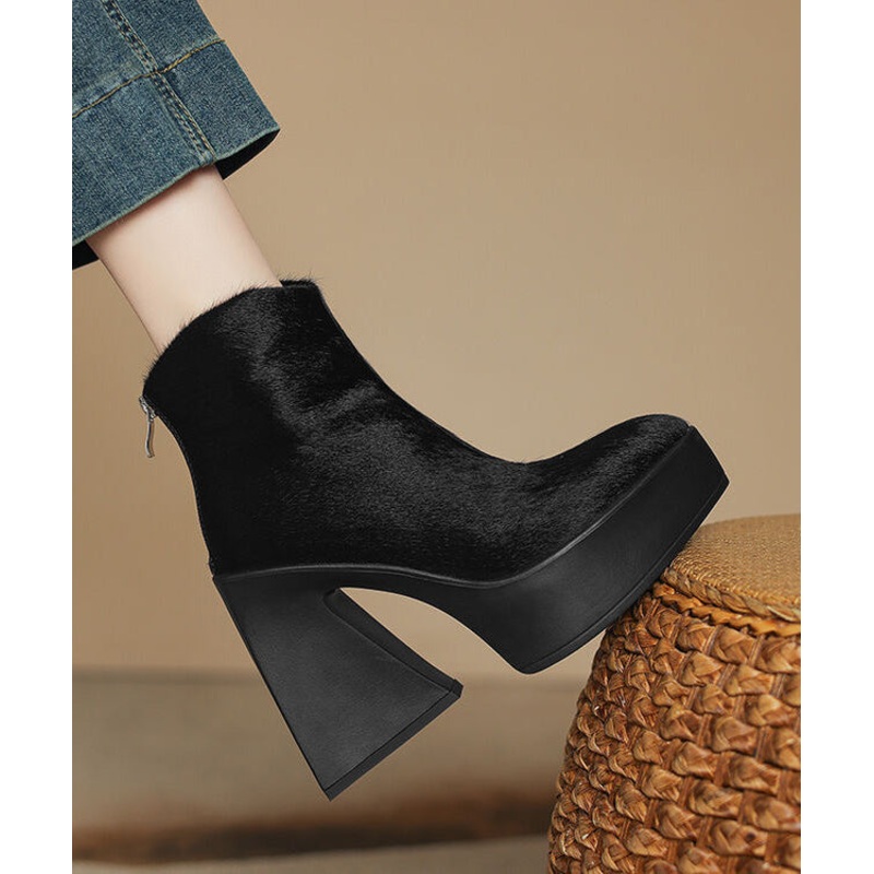 Black Chunky Heel Fashion Zippered Splicing Horsehair Boots YR036