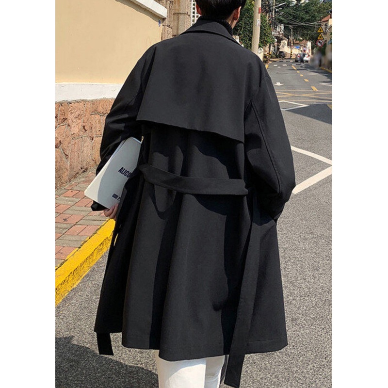 Black Tie Waist Cotton Mens Trench Coat Notched Spring YQ019