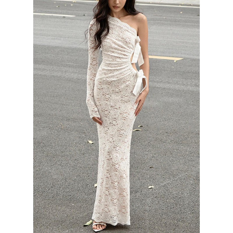 Chic White Asymmetrical Hollow Out Lace Maxi Dress Spring YT018
