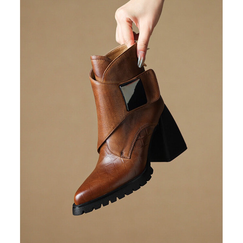 Classy Brown Cowhide Leather Chunky Heel Splicing Boots Pointed Toe YR042