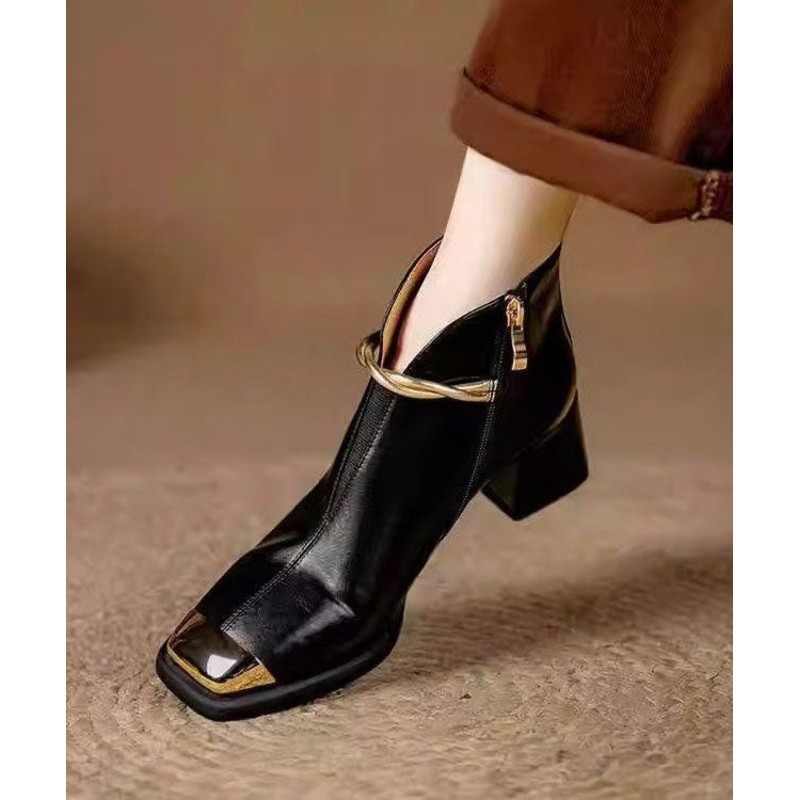 Classy Splicing Chunky Heel Ankle Boots Black Cowhide Leather YR031