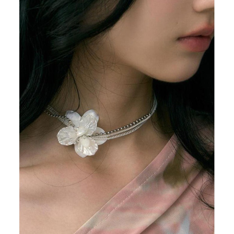 Classy White Stainless Steel Floral Pearl Shell Multi Layer Gratuated Bead Necklace YR016