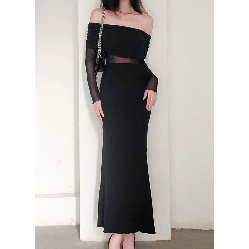 Elegant Black Slash Neck Tulle Patchwork Long Dress Spring YT017