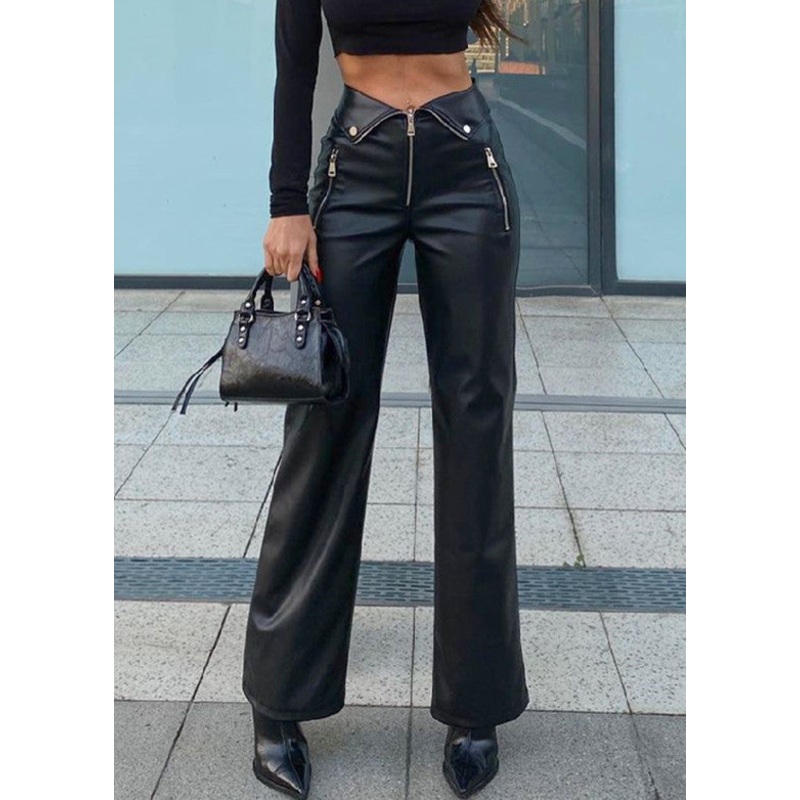 French Black Zip Up High Waist Faux Leather Pants Spring YT038