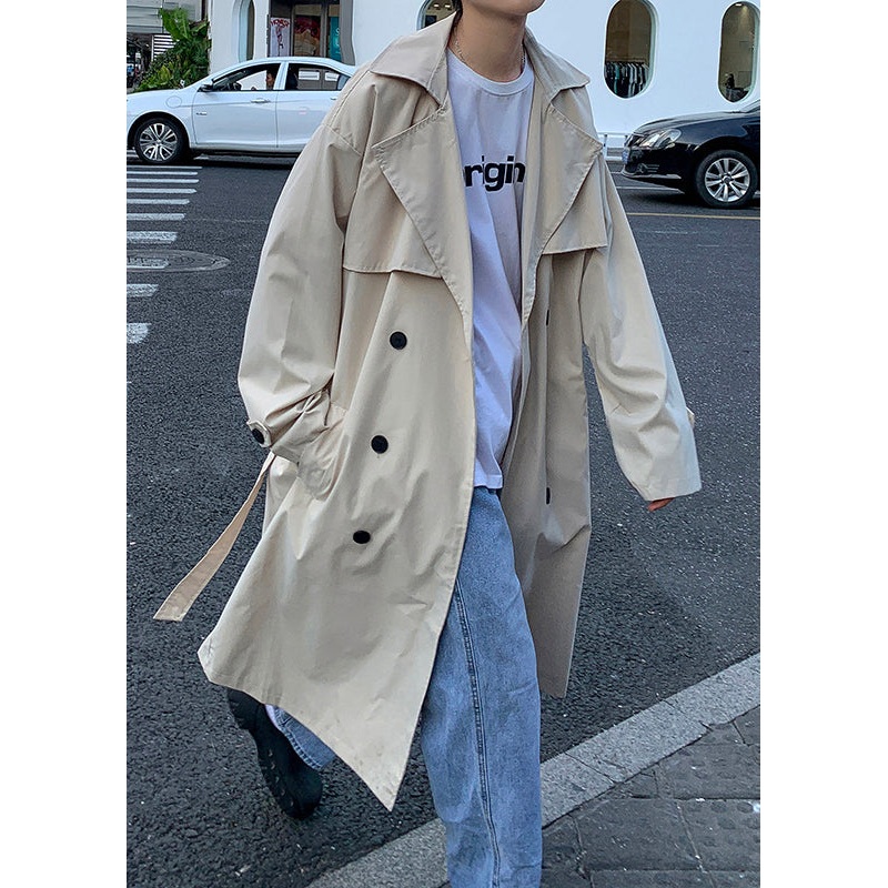 French Khaki Double Breast Tie Waist Cotton Mens Long Trench Coat Spring YQ002