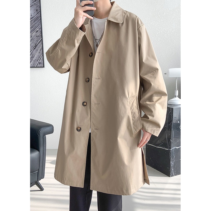 Khaki Pockets Oversized Cotton Spring Mens Coats Peter Pan Collar YQ009