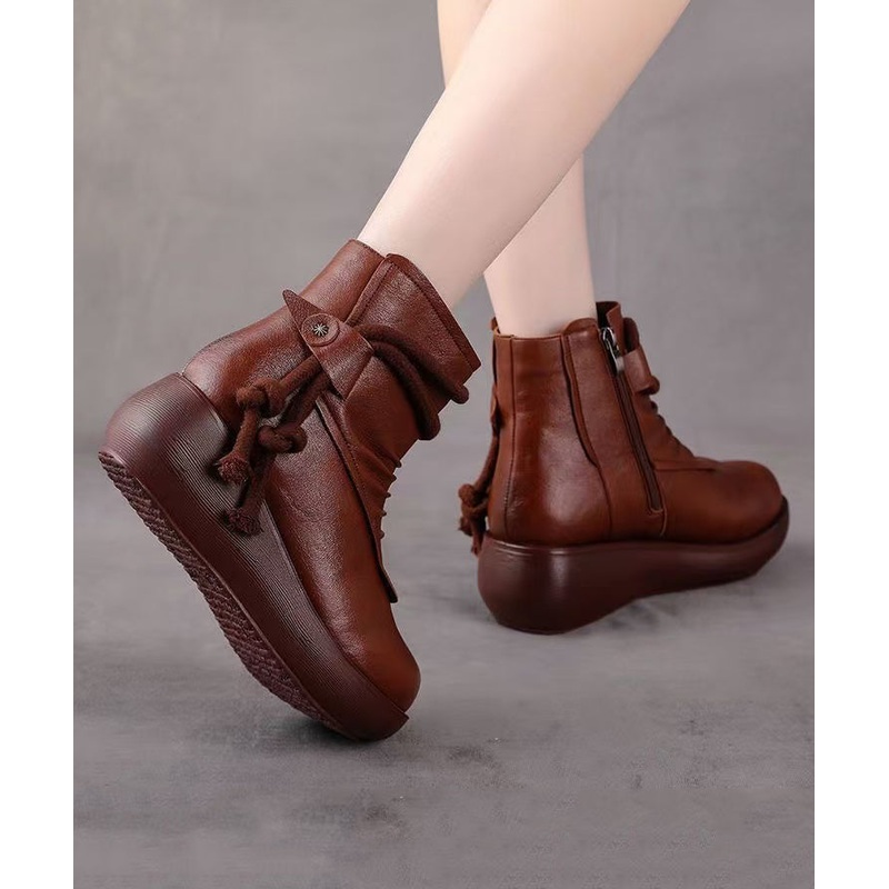 Retro Comfy Splicing Wedge Boots Brown Faux Leather YR041