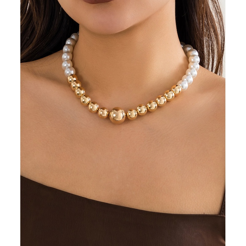 Simple Gold Alloy Pearl Patchwork Tassel Gratuated Bead Necklace YR008