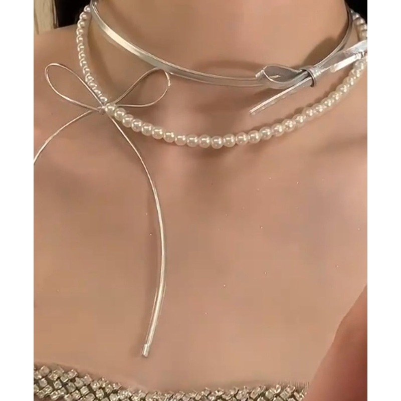 Style Silk Copper Portex Pearl Bow Pendant Necklace YR014