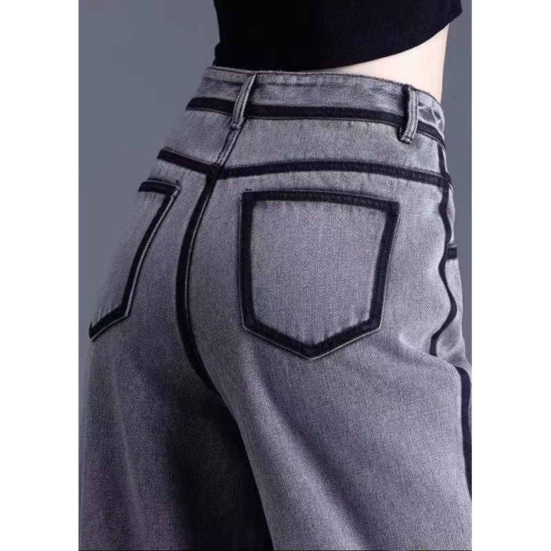 Vintage Grey Pockets High Waist Warm Fleece Pants Spring YW050