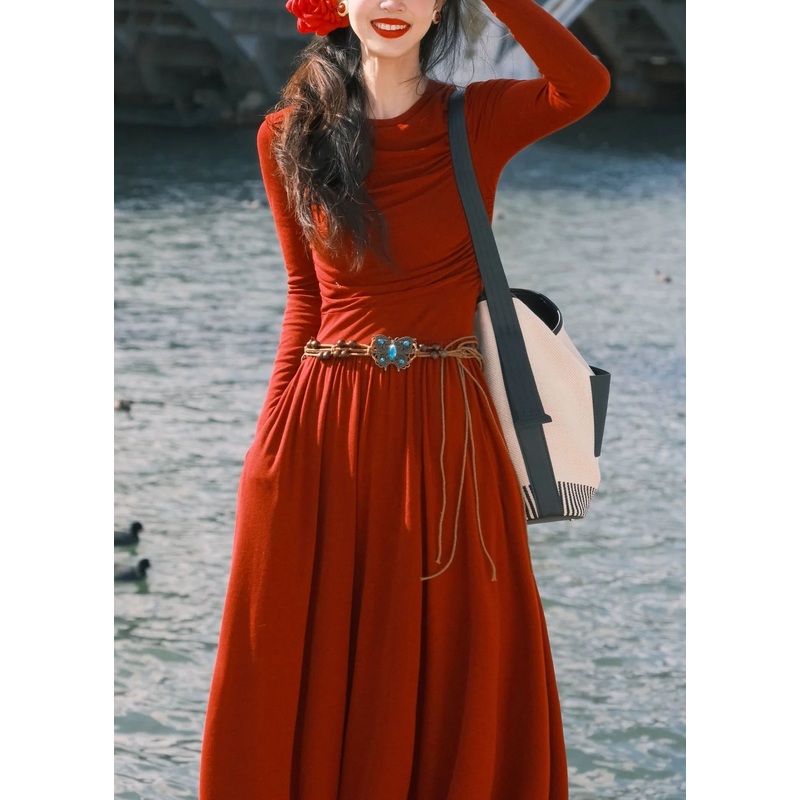 Women Red O-Neck Pockets Cotton Long Dress Spring YT032