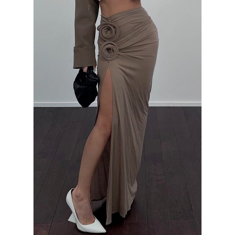 Beautiful Khaki Floral Side Open Wraped Skirts Spring YP039