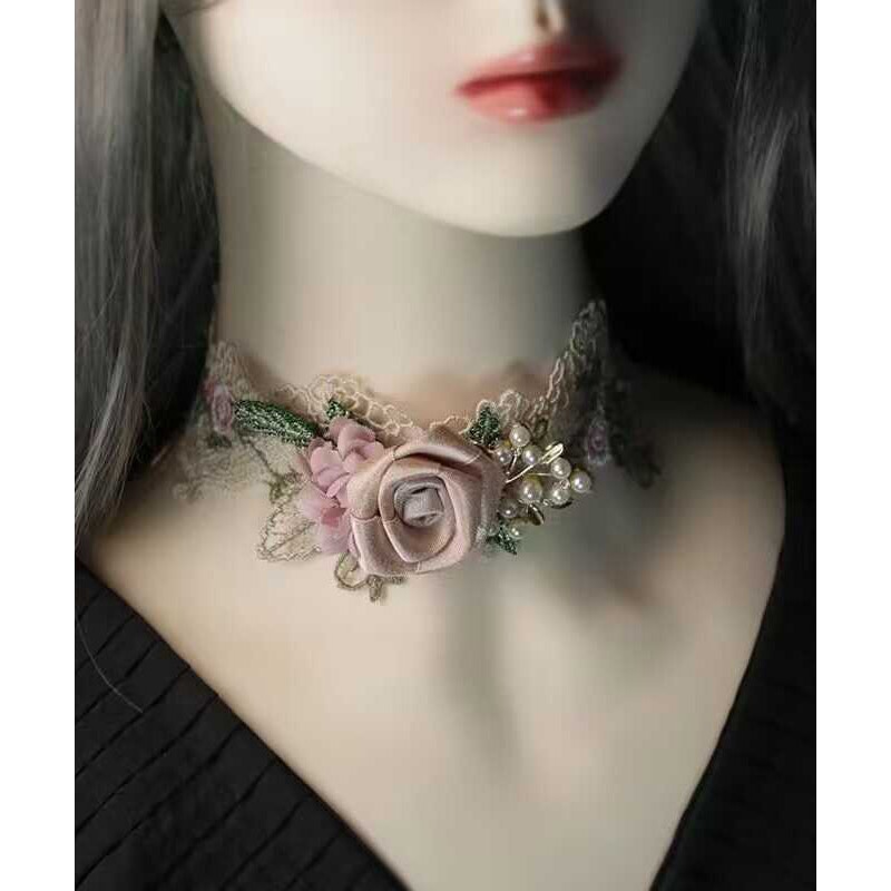 Beautiful Pink Alloy Pearl Lace Floral Necklace YA010