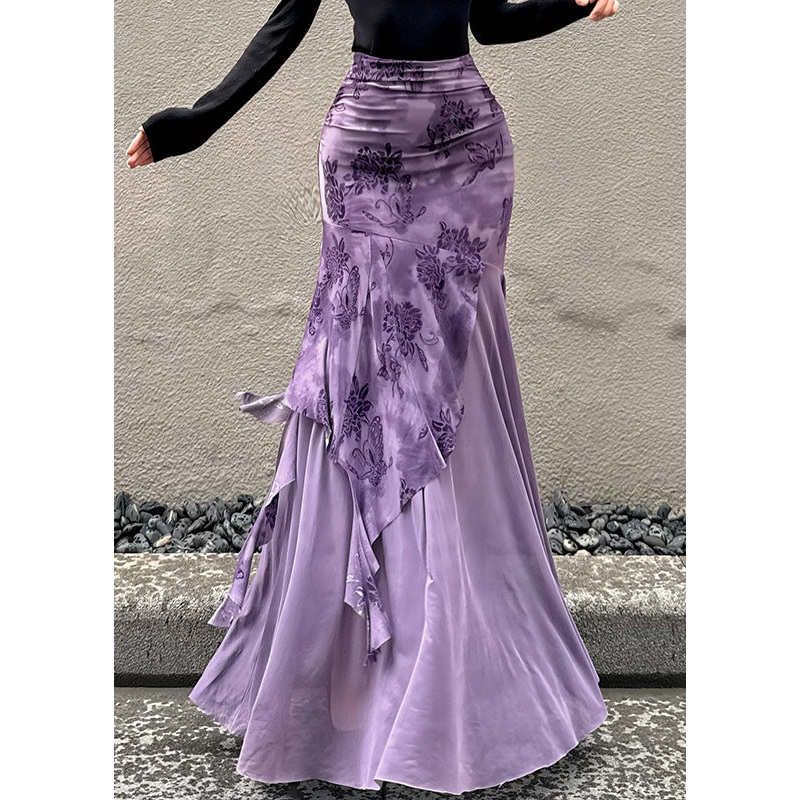 Bohemian Purple Print Patchwork Tulle Wraped Skirts Spring YP004