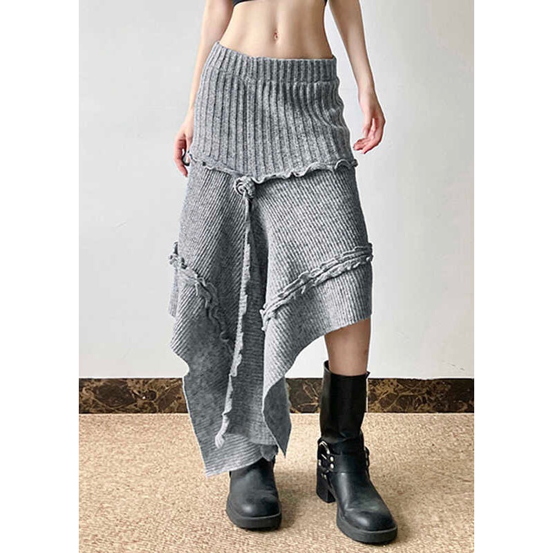 Boho Grey Asymmetrical Design Ruffled Knit Skirts Spring YP048