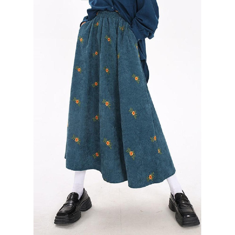 Boho Peacock Blue Embroidered Corduroy Skirts Spring YO11