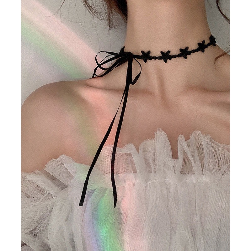 Boutique Black Lace Star Bow Tie Lace Pendant Necklace YU006