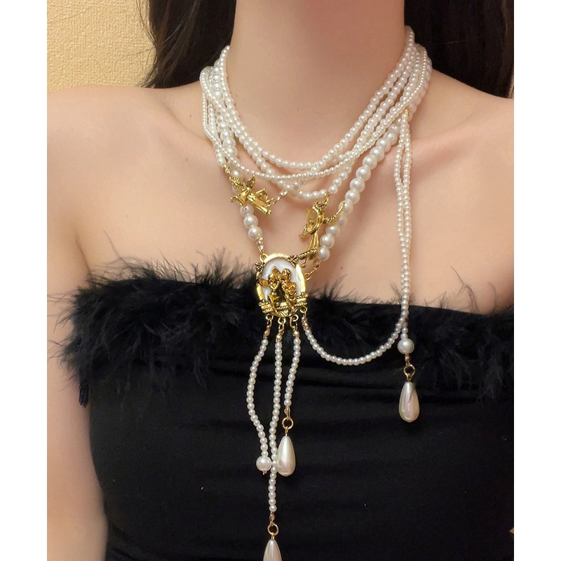 Boutique Gold Alloy Pearl Beading Tassel Pendant Necklace YA033