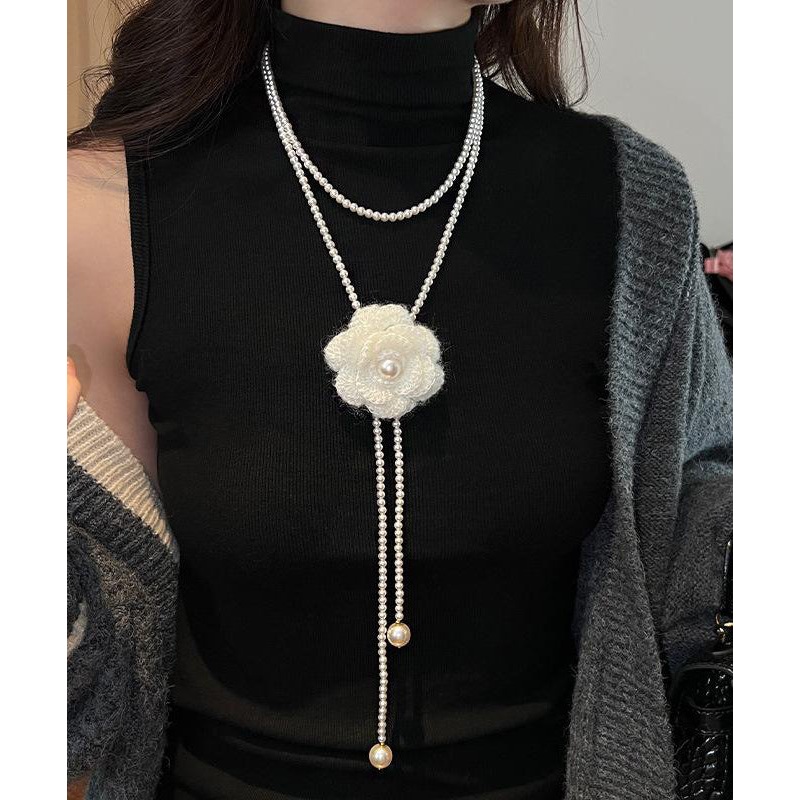 Brief White Alloy Camellia Pearl Beading Double Layered Pendant Necklace YU023