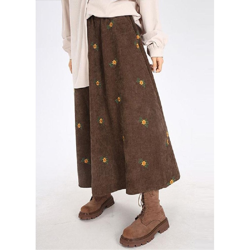 Brown Corduroy A Line Skirt Embroidered Spring YO027