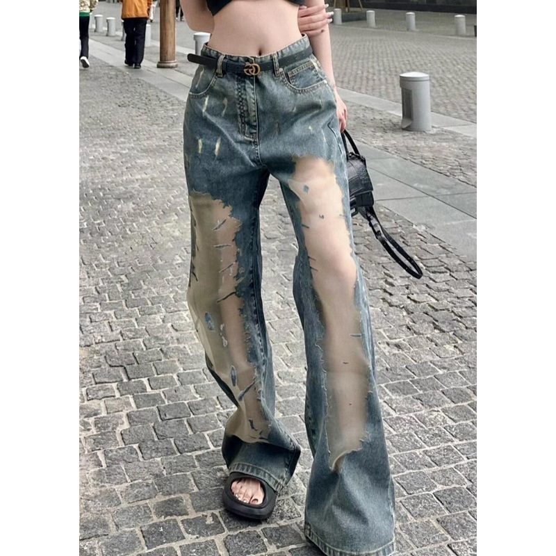 Chic Blue Hollow Out Patchwork Tulle Denim Straight Pants Spring YK032