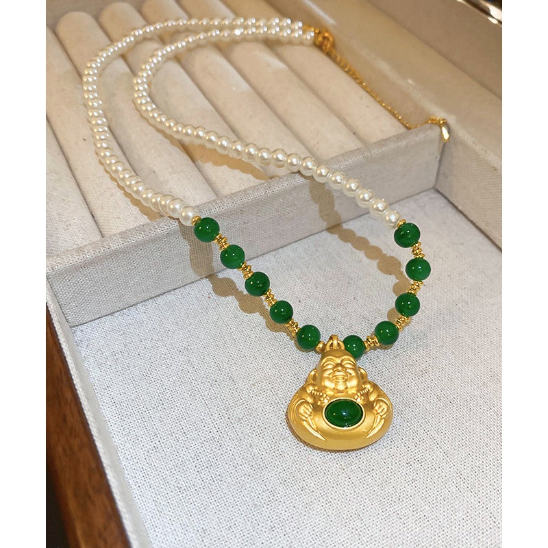Chinese Style Colorblock Copper Alloy Pearl Buddha Statue Pendant Necklace YI045