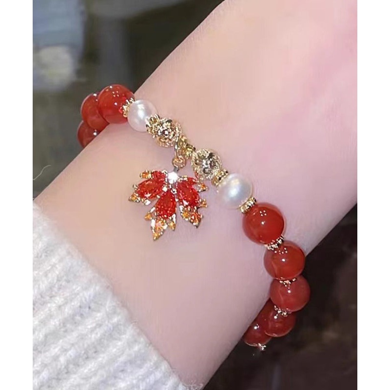 Chinese Style Red Copper Alloy Agate Maple Leaf Pearl Charm Bracelet YI044