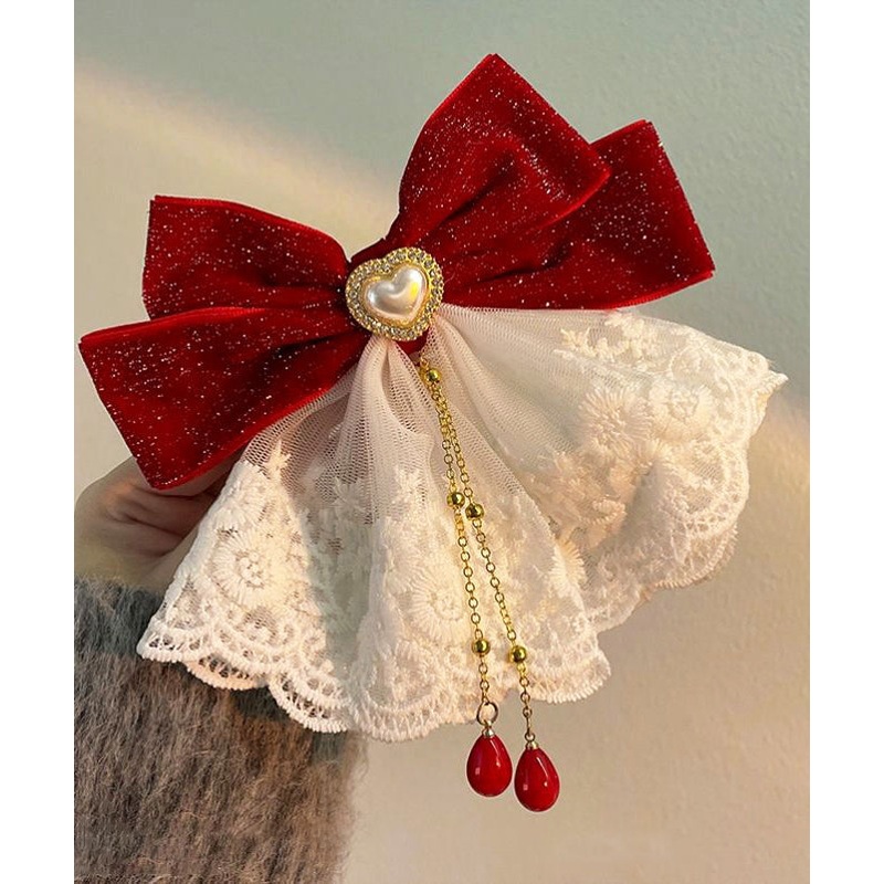Chinese Style Red Metal Pearl Lace Butterfly Tassel Hairpin YA039