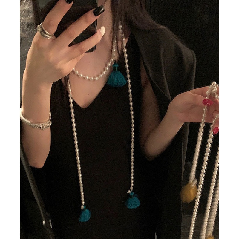 Chinese Style Yellow Alloy Pearl Beading Tassel Pendant Necklace YA007