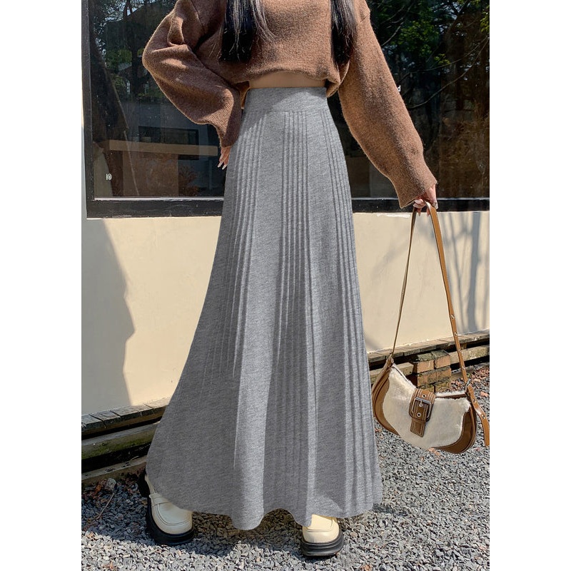 Classy Grey Exra Large Hem Knit Pleated Skirts Spring YP021