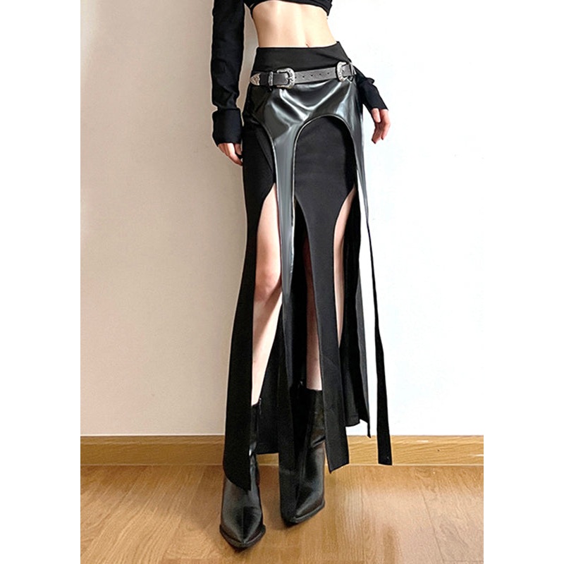 DIY Black Asymmetrical Patchwork Faux Leather Fake Two Piece Skirts Spring YP058