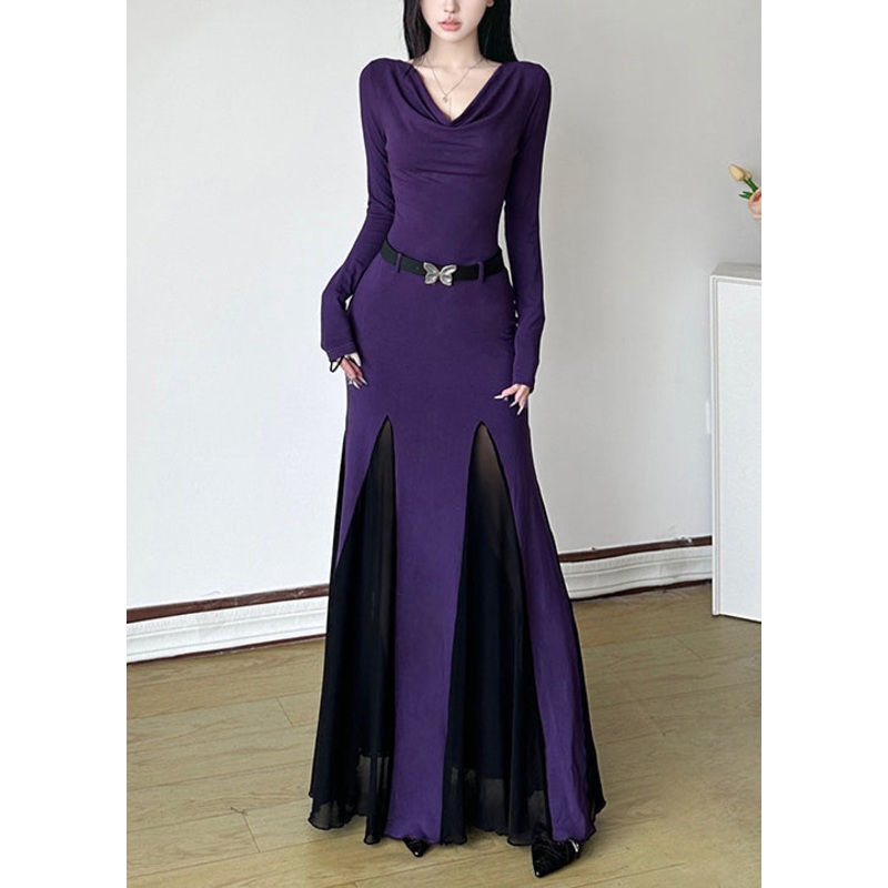 DIY Purple Turtle Neck Patchwork Cotton Party Dress Spring YP046