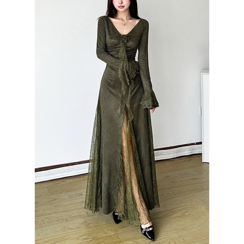 Elegant Blackish Green Patchwork Lace Long Dress Flare Sleeve YP047