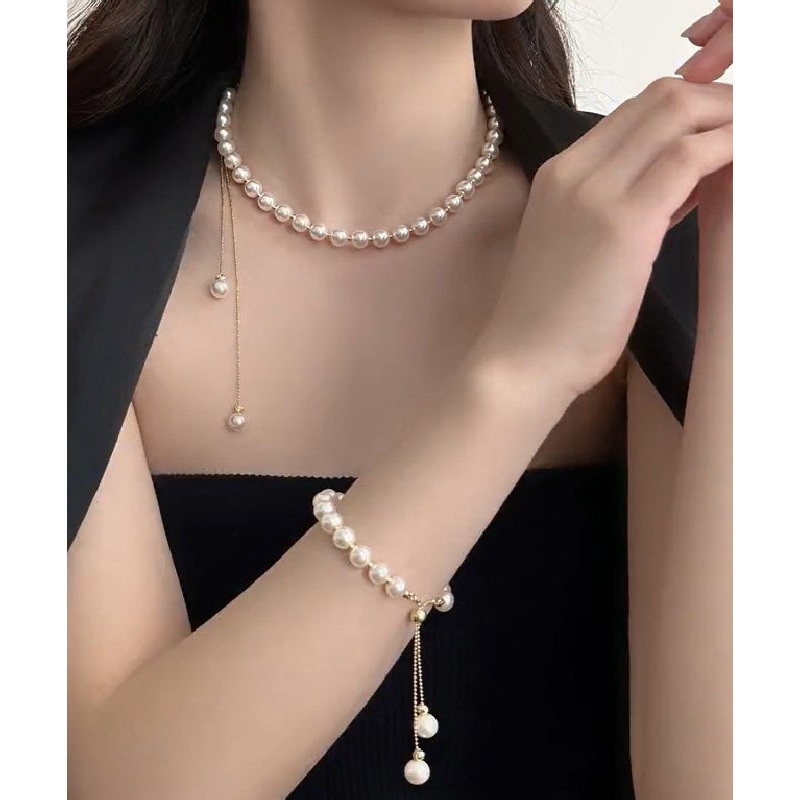 Elegant White Copper Alloy Pearl Tassel Charm Bracelet And Gratuated Bead Necklace Two Piece Set YU014