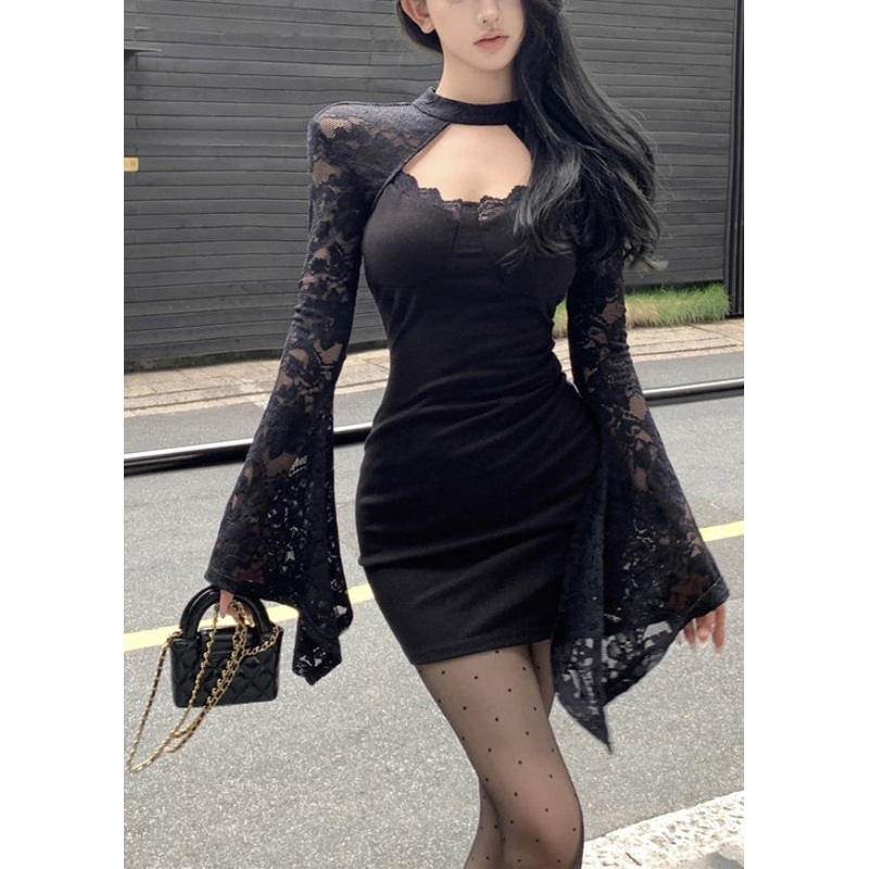 Fashion Black Wraped Patchwork Lace Mini Dress Spring YP054