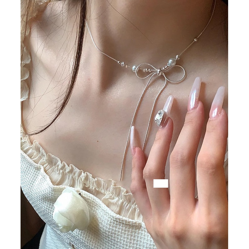 Fine Silk Alloy Pearl Bow Pendant Necklace YU002