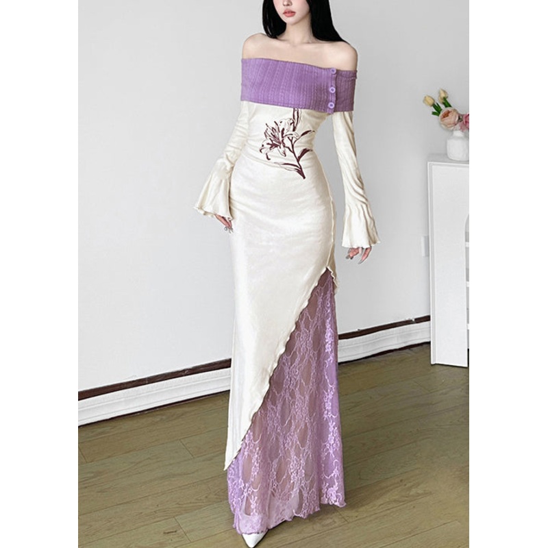 French White Cold Shoulder Patchwork Cotton Party Dress Spring YP034