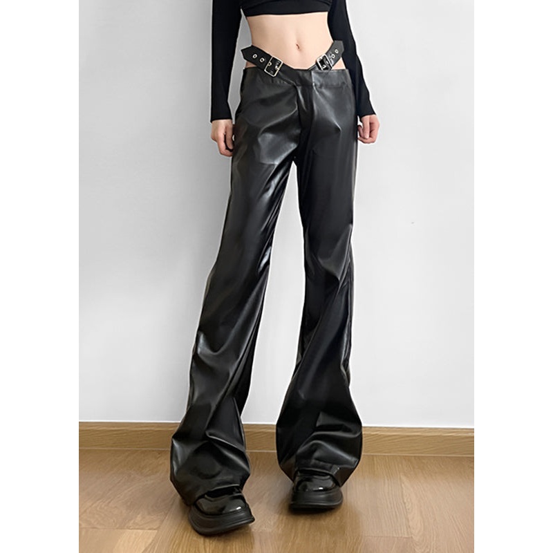 Handmade Black Patchwork Faux Leather Pants Spring YP031