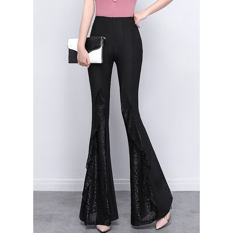 Italian Black Patchwork Lace Tummy Control Spandex Flared Trousers Spring YP040