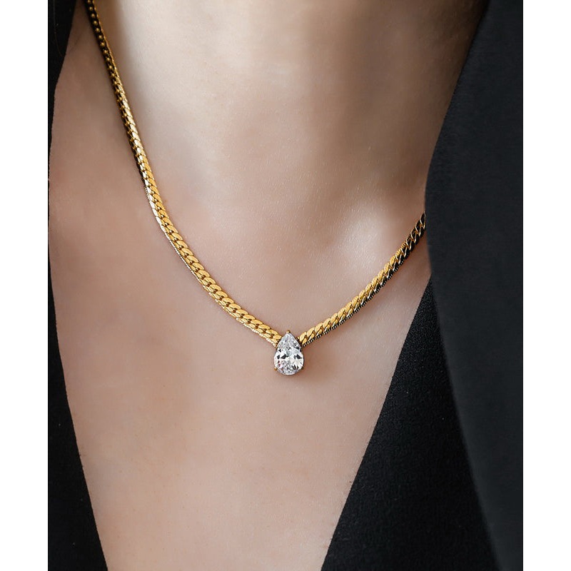 Modern Gold Copper Overgild 14K Gold Zircon Water Drop Pendant Necklace YI039