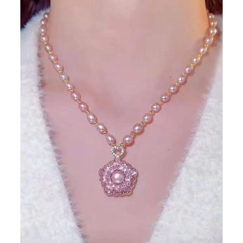 New Light Purple Copper Overgild Zircon Pearl Pendant Necklace YA037