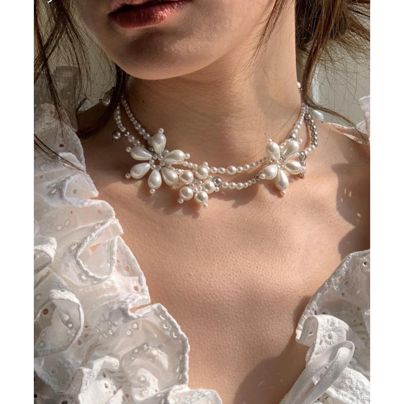 Original Design White Alloy Floral Pearl Beading Pendant Necklace YU022