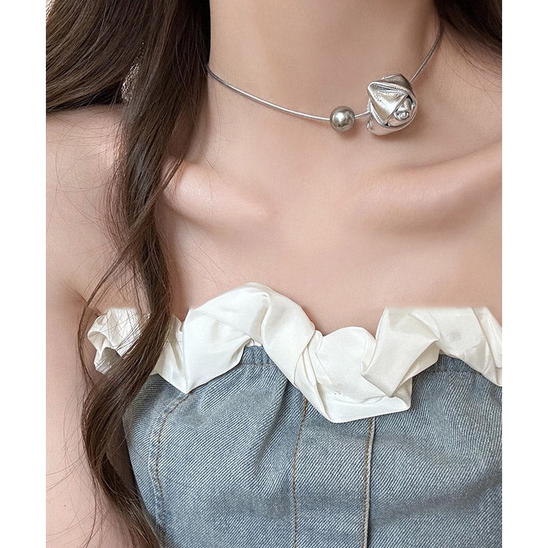 Original Silk Stainless Steel PU Pearl Rose Pendant Necklace YA028