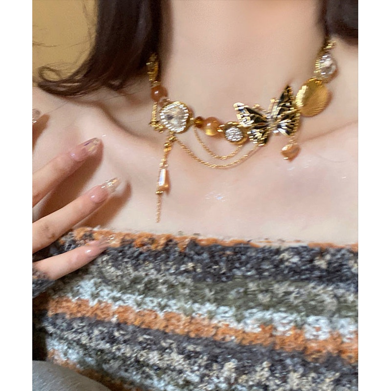 Retro Gold Copper Zircon Crystal Resin Pearl Pendant Necklace YU016