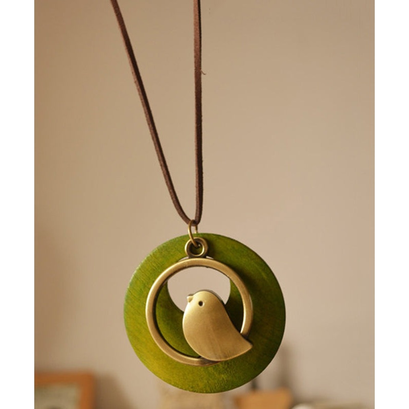 Retro Green Cotton Fabric Little Bird Pendant Necklace YI008