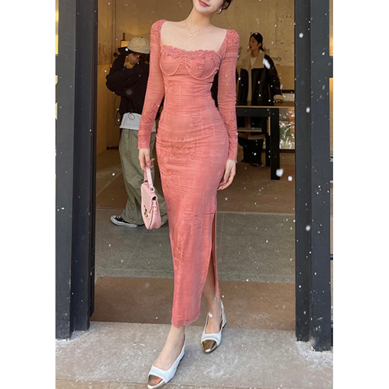Sexy Pink Square Collar Side Open Cotton Long Dress Spring YT008