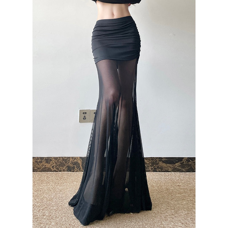 Style Black Exra Large Hem Lace Wraped Skirts Spring YP051