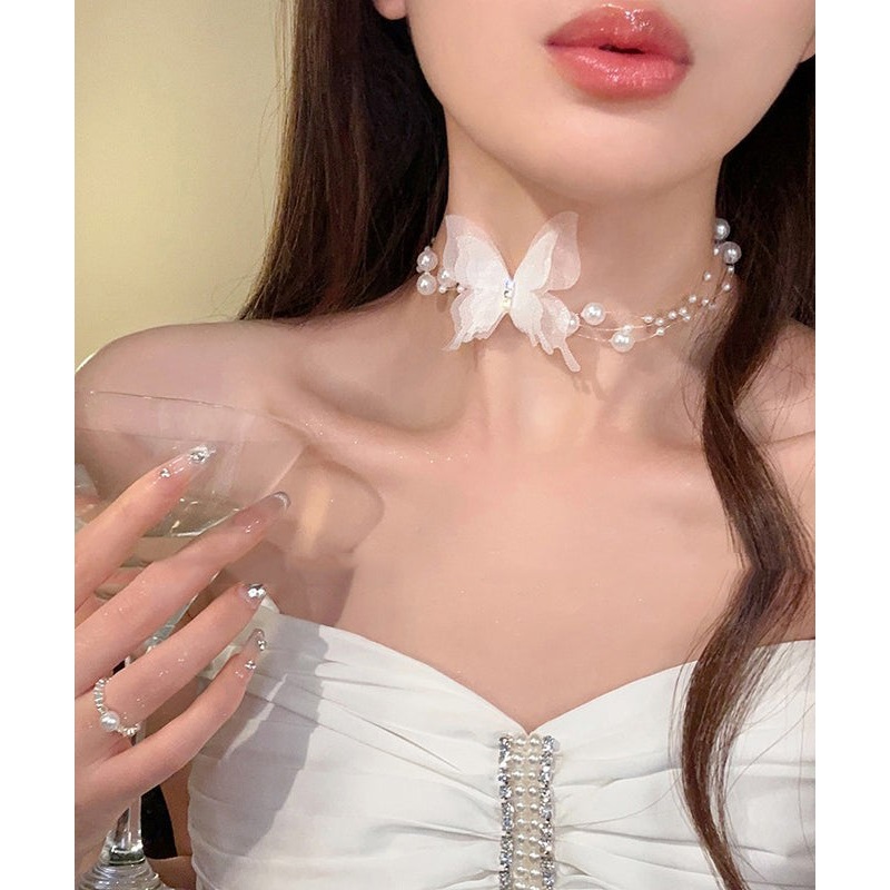 Stylish White Alloy Zircon Pearl Butterfly Necklace YU009